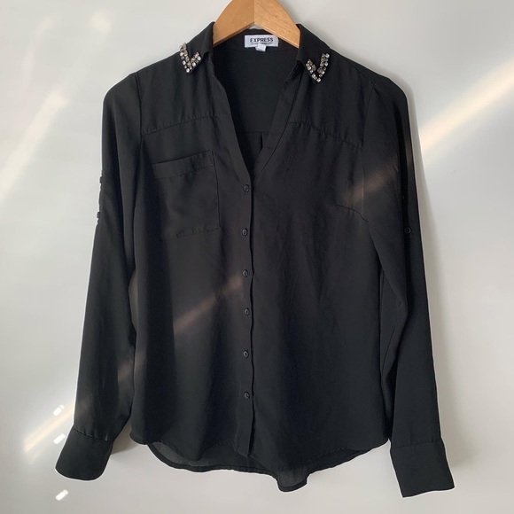 💛4/$20 | EXPRESS Portofino Studded Collar Long Sleeve Pocket Chiffon Shirt - Picture 1 of 6